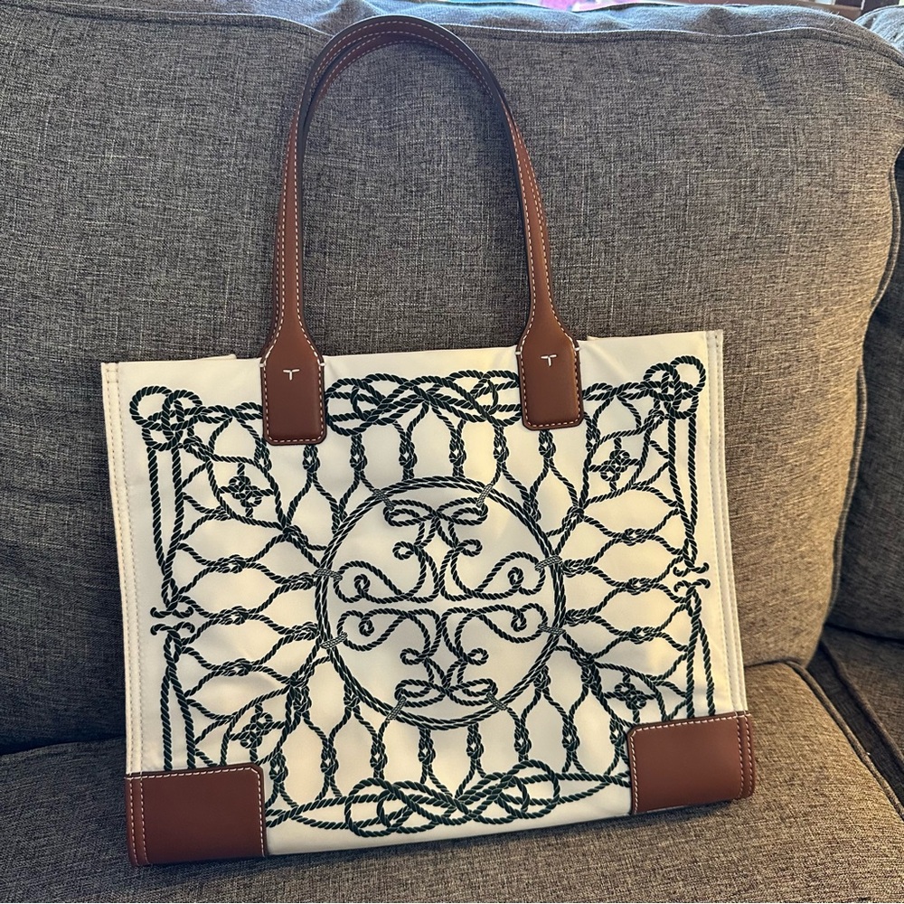 Tory Burch White and Brown Tote with Green Detailing